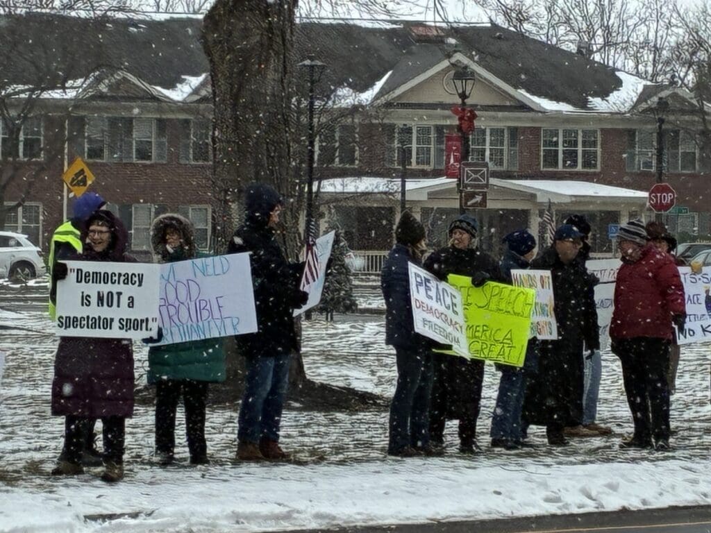 Protesters in snowfall holding peace and democracy signs.