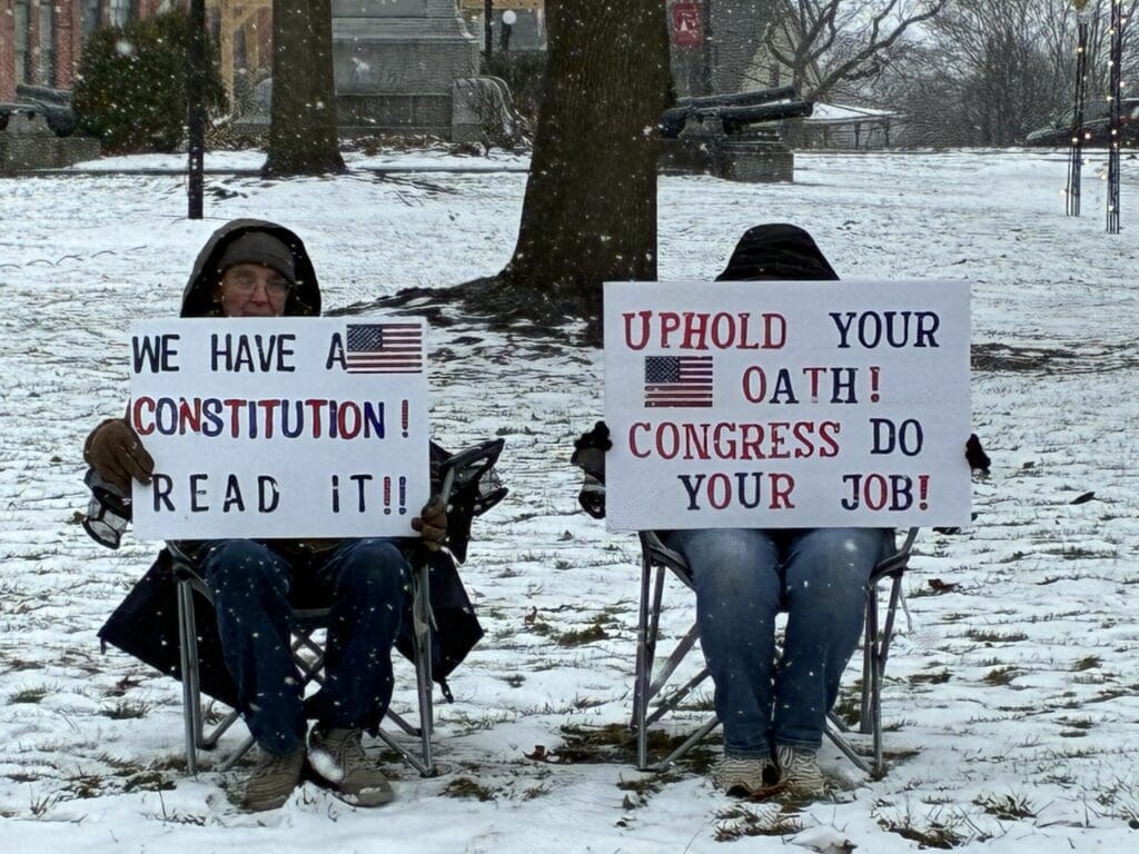 Protesters holding signs about the Constitution in snow.