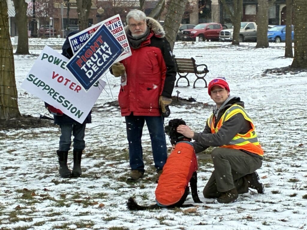 Protesters in snowy park holding voter suppression signs.