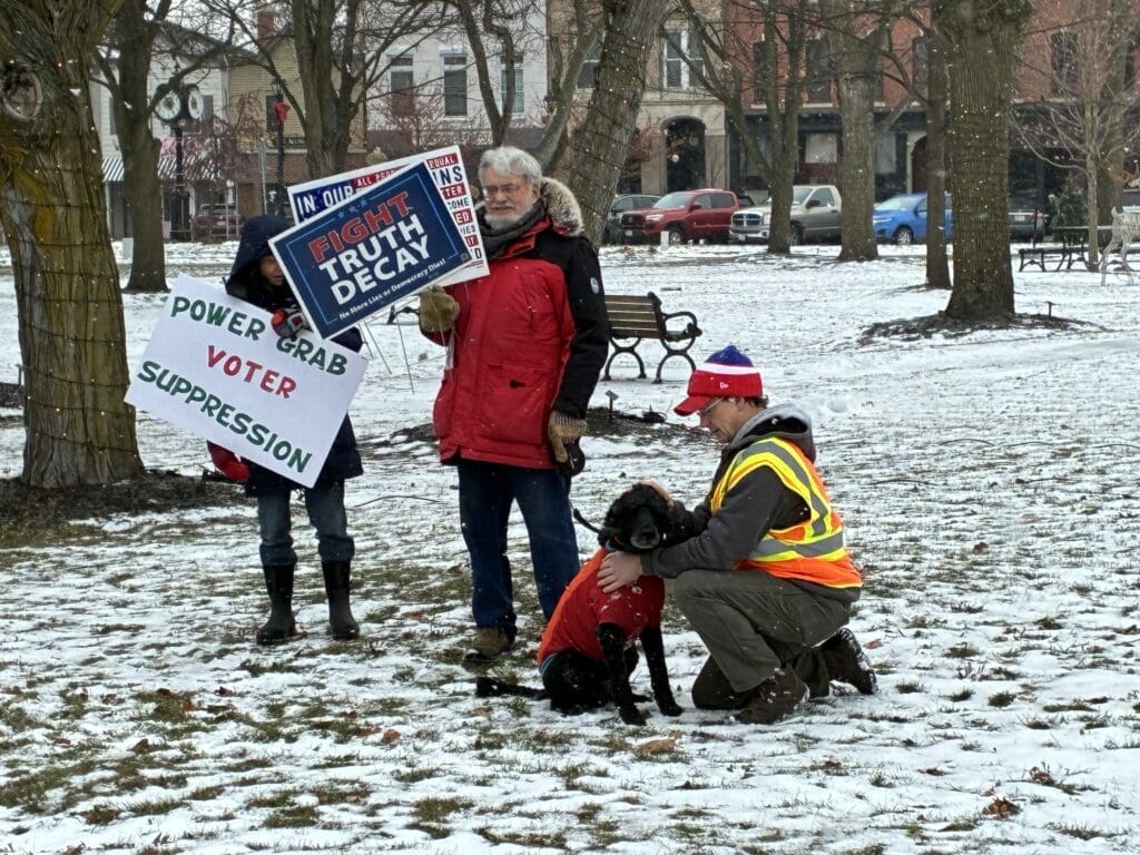 People at snowy protest holding signs about voter rights.
