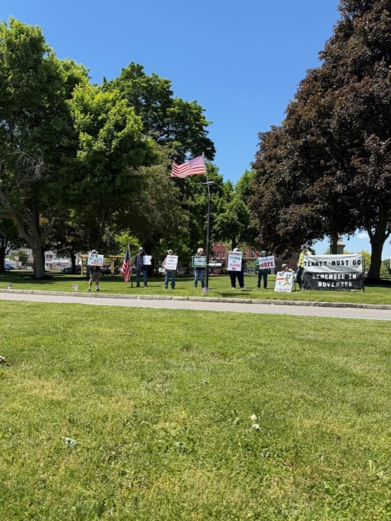 Protesters holding signs in park under American flag