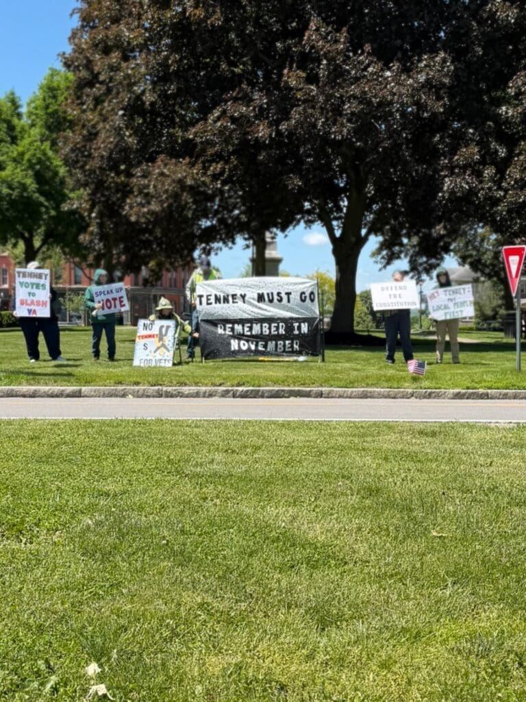 Small protest with anti-Tenney signs on lawn