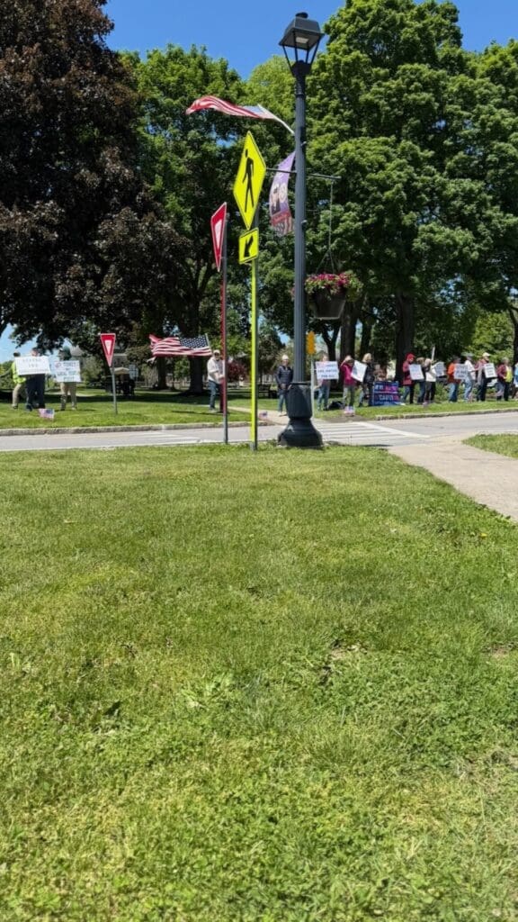 Small protest with signs and American flags