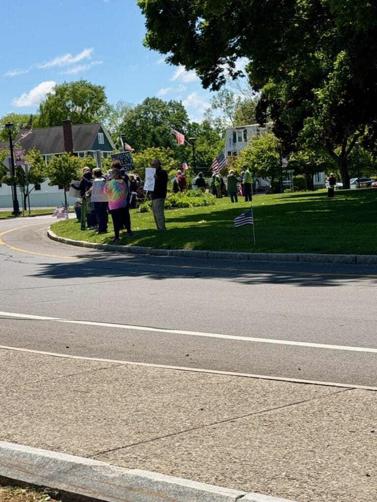 Small neighborhood protest with American flags and signs
