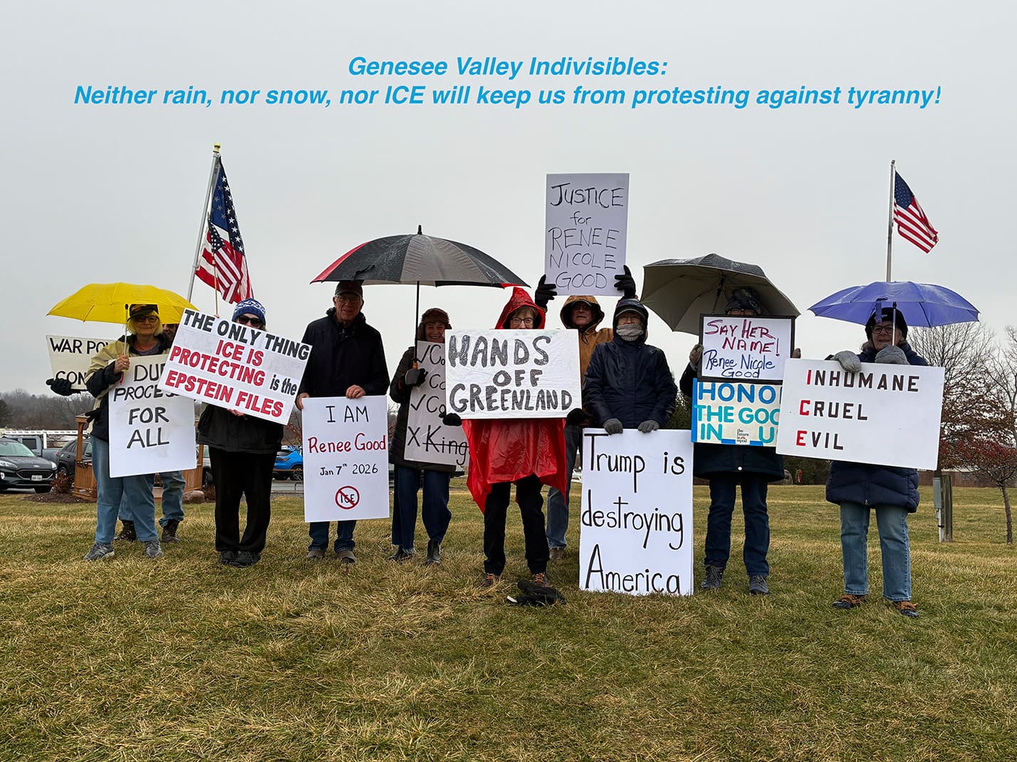 Genesee Valley Indivisibles protest in rain holding political signs