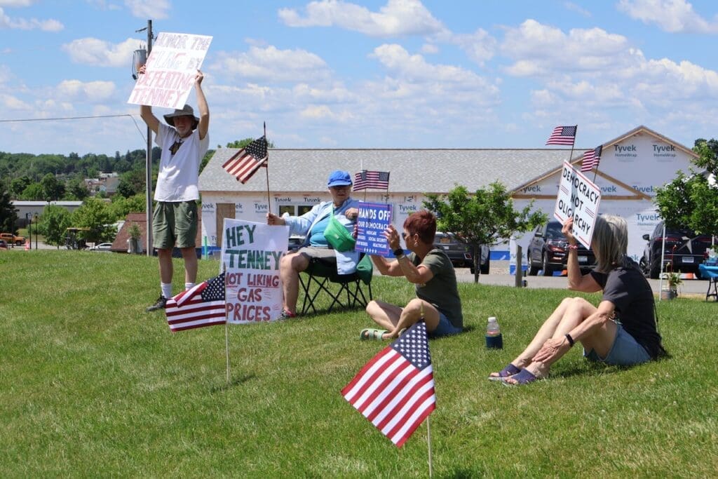 Protesters holding political signs and American flags on grass