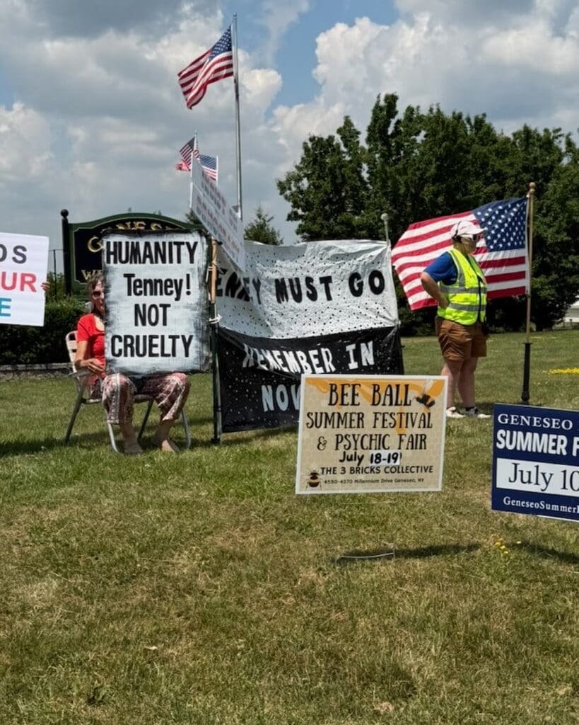 Protesters with signs near American flags at outdoor rally